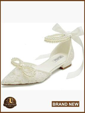 Pearl Lace Bridal Flats Pointed Toe Wedding Shoes Comfortable
